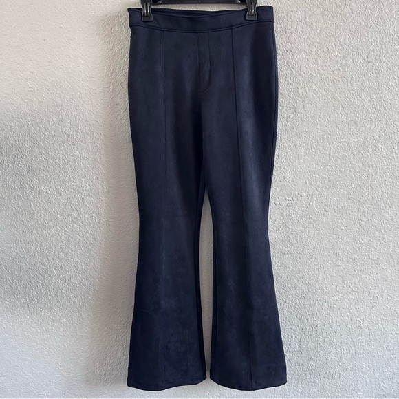 SPANX Navy Faux Suede Flare Pants Pull On Stretch Bootcut Size L - Picture 2 of 12